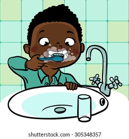 funny cartoon boy brushing his teeth. vector illustration