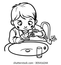 funny cartoon boy brushing his teeth. vector illustration