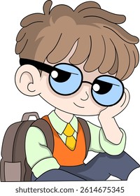 Funny cartoon boy character wearing a school uniform and glasses, sitting with a lazy, uninterested expression.