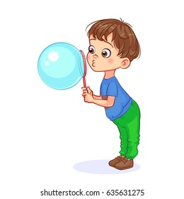 Funny Cartoon Boy Diligently Blows Out A Huge Soap Bubble. Cutout Vector Kids Illustration.