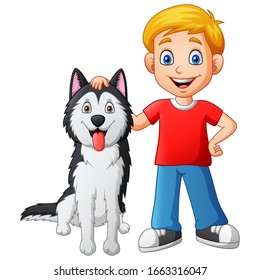 Funny cartoon boy and dog. Vector illustration