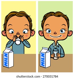 Funny cartoon boy drinking milk. Vector illustration