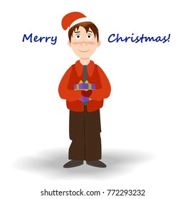 Funny cartoon boy with a gift box in his hands.