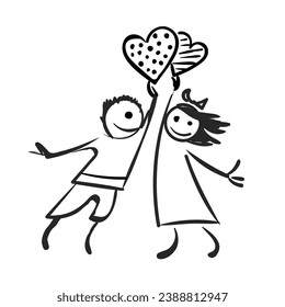 Funny cartoon boy and girl holding the heart. Doodle style.