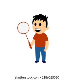 Funny cartoon boy holding a badminton racket. Colorful flat vector illustration. Isolated on white background.