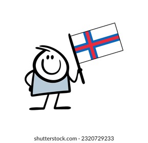 Funny cartoon boy holding big flag of Faroe islands. Vector illustration of national people pride. Hand drawn stick figure character isolated on white background.