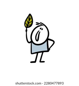 Funny cartoon boy holds in his hand a green leaf of a tree for a herbarium. Vector illustration of a stickman in nature among grass and plants.