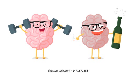 Funny Cartoon Brain Character Pair Healthy Vs Unhealthy. Comparison Human Anatomy Internal Organ Mascot Happy Clever With Dumbells And Drunk With Alcohol Bottle And Cigarette. Vector Illustration