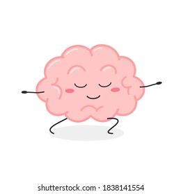 Funny cartoon brain doing yoga in warrior pose. Vector flat illustration isolated on white background 