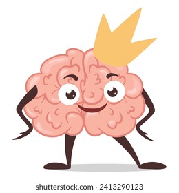 Funny cartoon brain in golden crown human anatomy cute character vector flat illustration. Clever internal organ king queen of brainstorming intelligence smart knowledge creative inspiration cognition