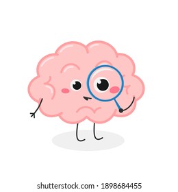 Funny cartoon brain holding a magnifying glass and looking through it with big eye. Vector flat illustration isolated on white background 