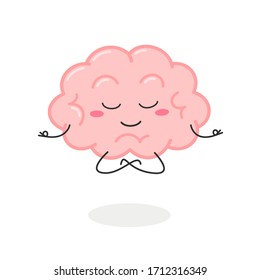 Funny cartoon brain levitating in lotus pose keep calm. Vector flat illustration isolated on white background 