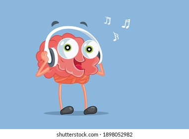 Funny Cartoon Brain Listening to Music. Musical stimulation for creativity and mental health concept illustration
