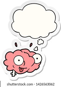 cerebro divertido de caricatura con burbuja de pensamiento como pegatina impresa