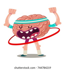 Funny cartoon brain trains with hula hoop. Vector character of an internal organ isolated on a white background. Brainstorm illustration.