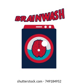 funny cartoon brainwash illustration. brain in washing machine