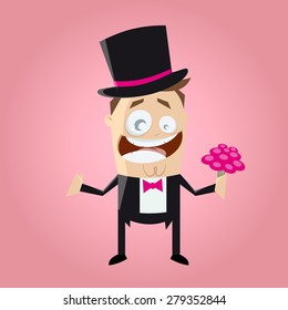 funny cartoon bridegroom with bouquet of flowers