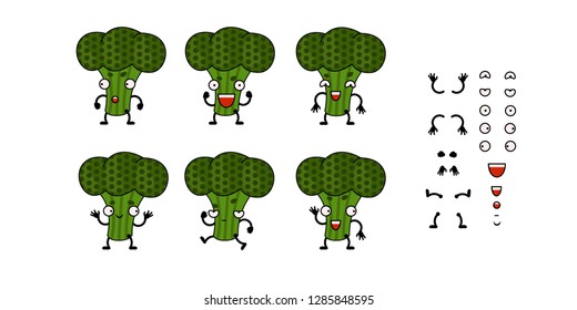 Funny cartoon broccoli character creation set vector illustration. Constructor with various gesture, emotion.