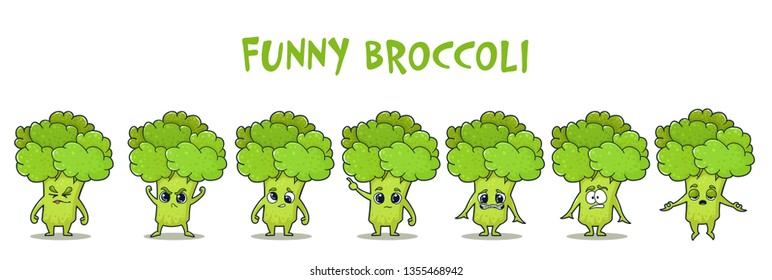 Funny cartoon broccoli character set on white background. Emotion, emoji. Colorful smiling hand drawn plant with face, arms and legs. Cute vector illustration