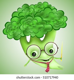 funny cartoon broccoli in glasses and a striped tie .Cute plant with a magic wand