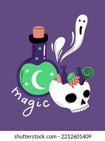 Funny cartoon broken skull with sweets, magic potion bottle and flying ghosts. Hand Drawn Halloween card design. 