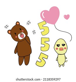 Funny cartoon brown  bear  by standing with laugh. And yellow duck