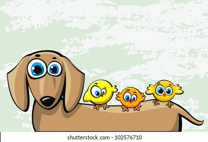 Funny cartoon brown dachshund dog and three yellow birds on a abstract background