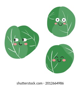 Funny cartoon brussels sprouts with face expression. Healthy food doodle vegetable vector illustration. Harvest object in flat style showing emotions - Shutterstock ID 2012664986