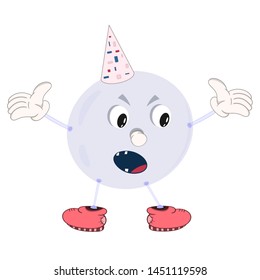 Funny cartoon bubble in a festive cap with eyes, hands, feet and mouth spreads his hands to the side.