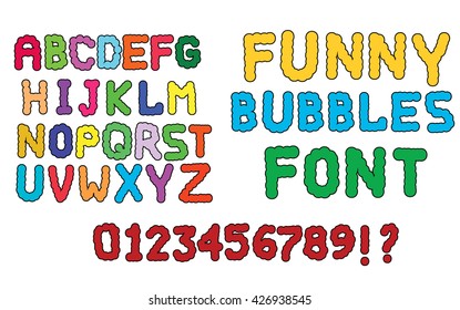 Funny cartoon bubbles comic square bold font with numbers. Vector alphabet.