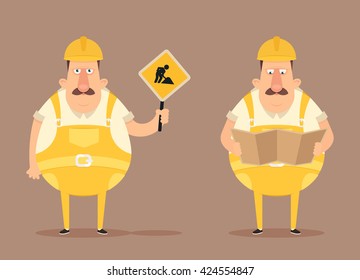 Funny Cartoon Builder Holding Road Sign and Drawing. Vector Illustration