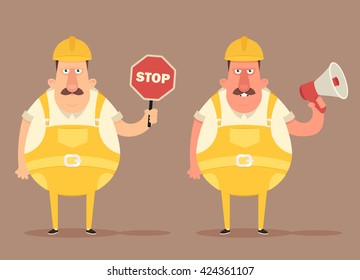 Funny Cartoon Builder Holding "Stop" Sign and Mouthpiece. Vector Illustration
