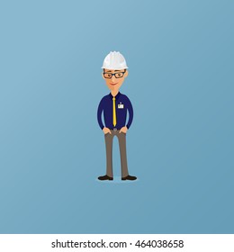 Funny cartoon builder man manager worker. Young construction worker in white helmet. Funny young construction worker vector illustration.