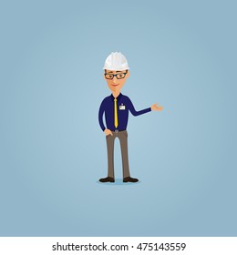 Funny cartoon builder man manager worker. Construction worker, engineer or architect holding projects blueprints.