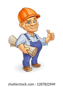 Funny Cartoon Builder Wearing an Orange Construction Hard Hat and Holding His Blueprint.