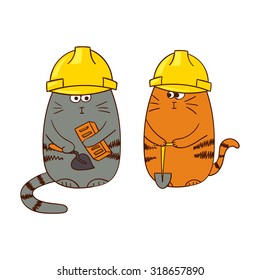 Funny cartoon builders. Cute cats - construction workers. Vector illustration. 