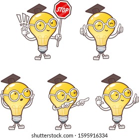 Funny cartoon bulb in glasses and hat university