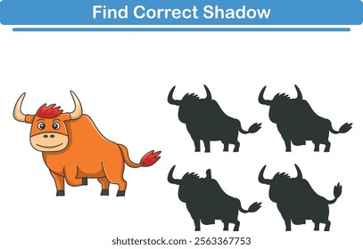 Funny cartoon bull. find the correct shadow. Kids Education games. Cartoon vector illustration