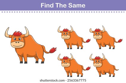 Funny cartoon bull. Find same pictures. Educational game for children. Cartoon vector illustration