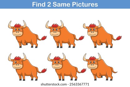 Funny cartoon bull. Find two same pictures. Educational game for children. Cartoon vector illustration