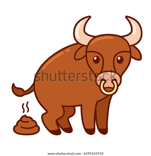 Funny cartoon bull pooping, bullshit illustration. Isolated clip art, vector drawing.