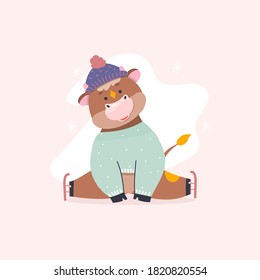 Funny cartoon Bull with skates. Flat vector illustration.