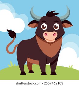 Funny Cartoon Bull standing, Portrait of cute little oxen. Bull friend. Vector illustration. Cute cartoon Ox or bull calf character design with flat color. Happy Farm Bull. 