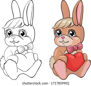 Funny cartoon bunny. Black and white vector illustration for coloring.