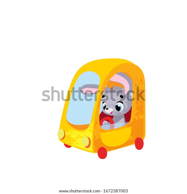Funny cartoon bunny in car. Vector illustration for\
t-shirt prints, children books, greeting cards, posters, stickers\
or decor