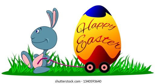 Funny cartoon bunny carrying a big Easter egg, vector illustration