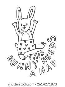 Funny cartoon bunny character in doodle style, whimsical rabbit outline