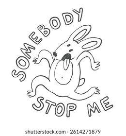 Funny cartoon bunny character in doodle style, whimsical rabbit outline