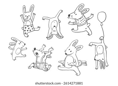Funny cartoon bunny character in doodle style, whimsical rabbit outline