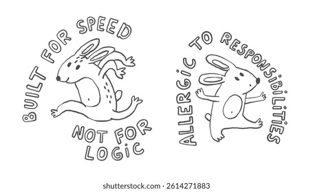 Funny cartoon bunny character in doodle style, whimsical rabbit outline
